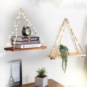 Étagère Lumineuse LED en bois Naturelle avec corde de jute